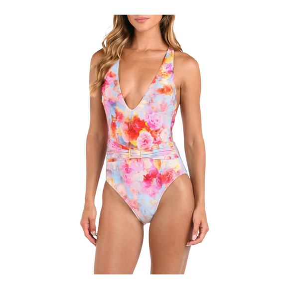 L'Agence Lisa Soft Cloud One Piece Swimsuit Floral Deep V Pearl Buckle Small NEW - Picture 1 of 9